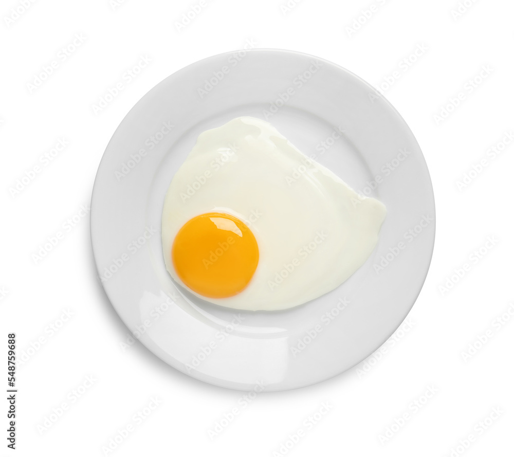 Plate with tasty fried egg isolated on white, top view Plate with tasty fried egg isolated on white, top view