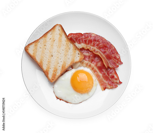 Plate with delicious fried egg, bacon and toast isolated on white, top view