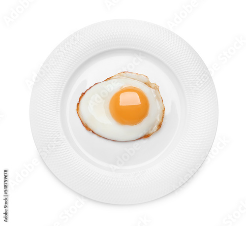 Plate with delicious fried egg isolated on white, top view