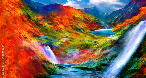Digital Illustration Painting Landscape With River And Mountains 