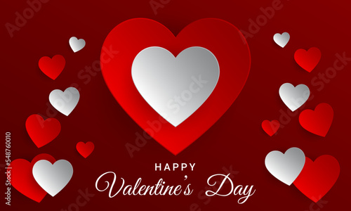 Valentine's day concept banner with red and white paper hearts. Red valentine background design template. Vector illustration