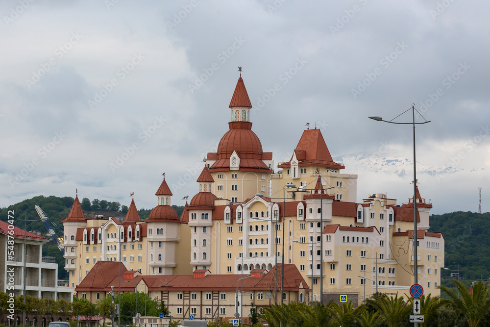 Hotel Bogatyr. Sochi Park in the Olympic Village. Sochi, Russia - May 5, 2022. Hotel Bogatyr. Sochi Park in the Olympic Village. Sochi, Russia - May 5, 2022.