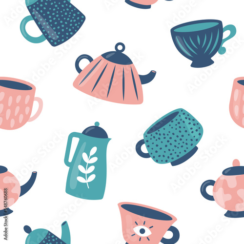 Seamless pattern with cute cartoon teapots and mugs. Kettles and cups with different ornament. Tea and coffee or kitchen crockery theme wallpaper. Vector illustration in flat style.
