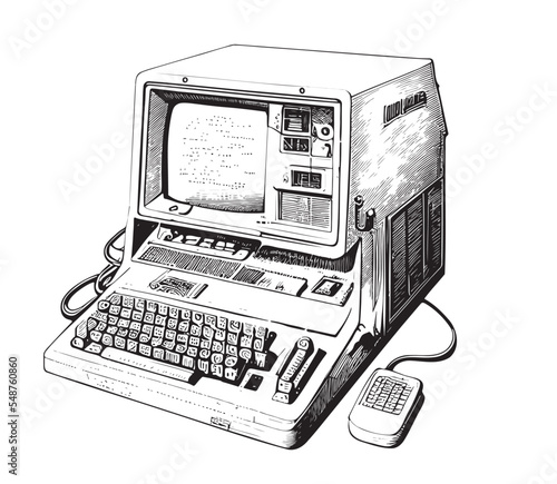 Retro computer sketch hand drawn sketch, engraving style vector illustration