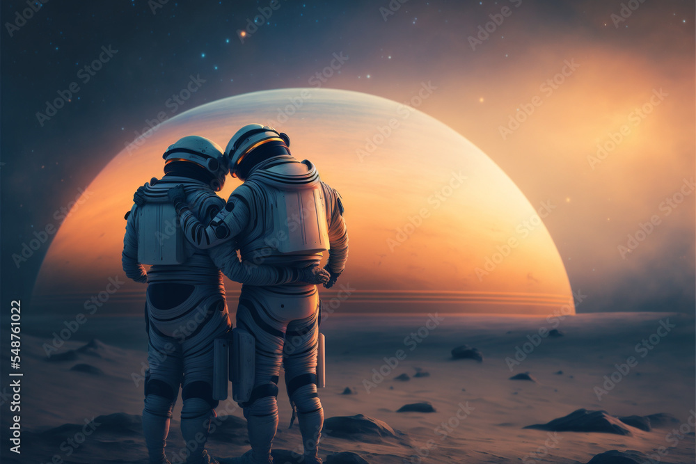 An astronaut couple watching a sunset in space 4k wallpaper Stock ...