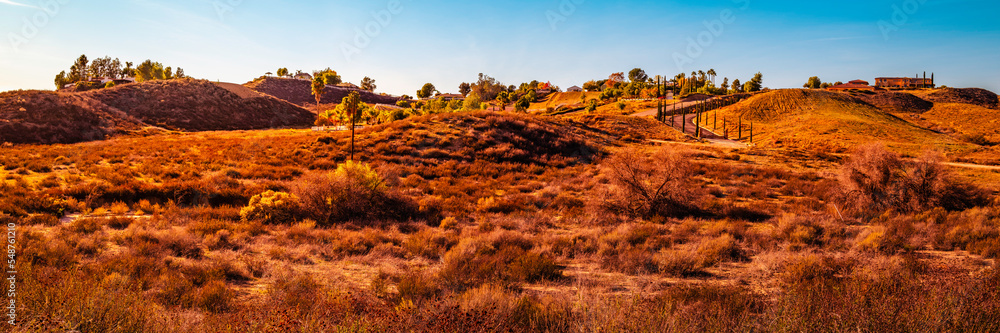 Sunrise over beautiful Southern California hill country, Autumn grapevine foliage, and scenic vineyard landscape in Temecula Valley, California