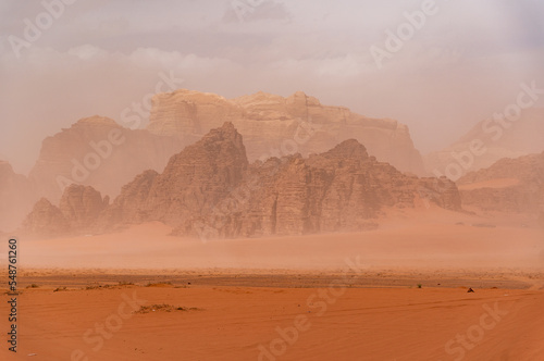 Red mountains of the canyon of Wadi Rum desert in Jordan.