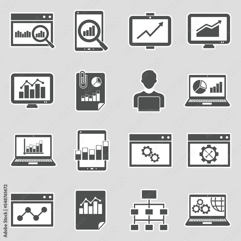 Web Analytics Icons. Sticker Design. Vector Illustration.