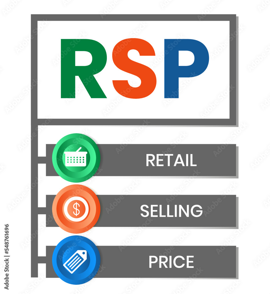 RSP - retail selling price. acronym business concept. vector illustration concept with keywords and icons. lettering illustration with icons for web banner, flyer, landing page, presentation RSP - retail selling price. acronym business concept. vector illustration concept with keywords and icons. lettering illustration with icons for web banner, flyer, landing page, presentation