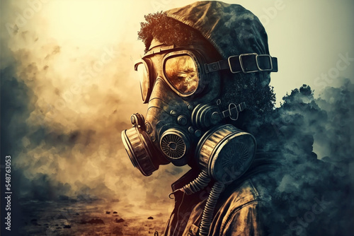 Post apocalyptic survivor in gas mask. Environmental disaster, armageddon concept.