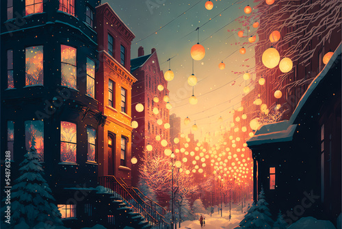 Christmas town with snow and warm light decoration in winter season. Houses and buildings street. Winter landscape wallpaper. Christmas Holiday illustration. Generative AI