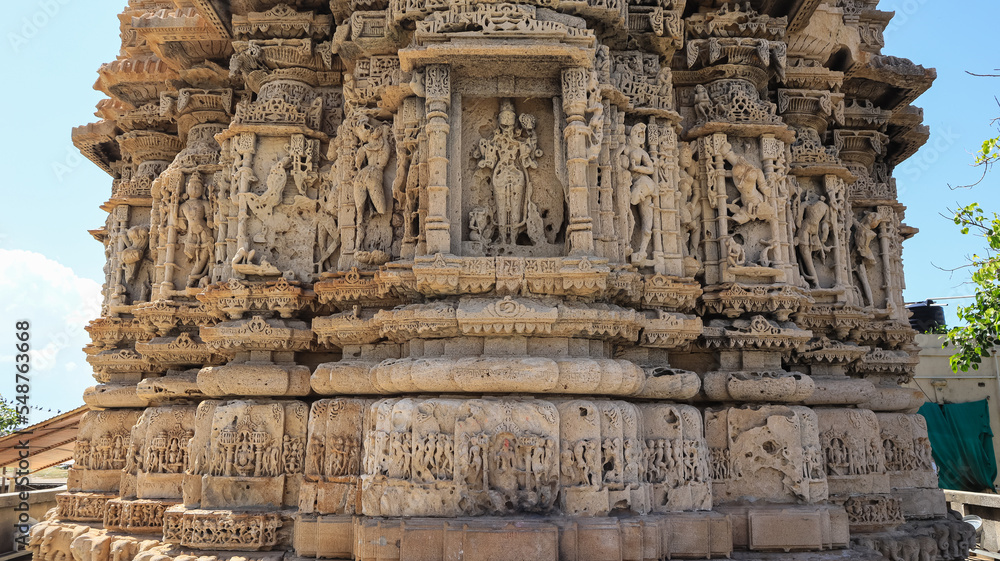 The Carvings of Hindi God and Goddess on the Rukhmini Temple, Dwarka, Gujarat, India.