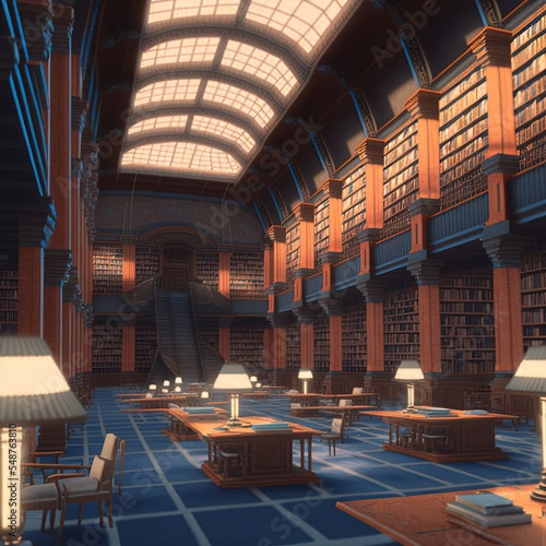 Abstract classic library interior in cartoon style. 