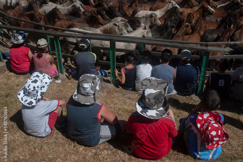 A group and four children with cowboy hats that imitate cowhide attend a public "Rapa das Bestas" with wild horses in Galicia
