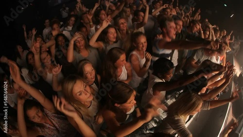 Crowd, concert and music festival, party and dance, jumping and social nightclub, edm youth culture and rave show. Top view of happy audience, fans and disco performance, band, dj event and dancing