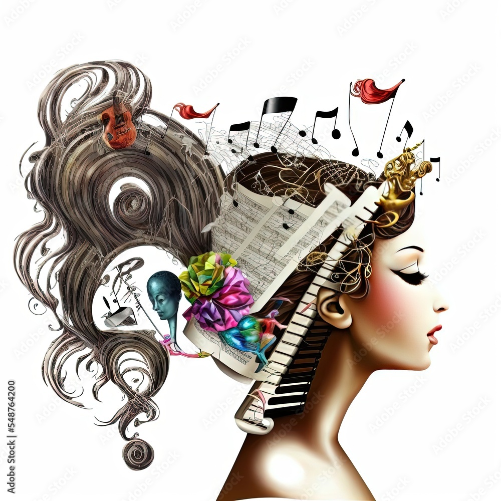 Obraz premium Girl face with music tool collage hairs. Passion for music concept. 