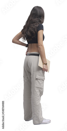 Photography Student standing and holding a book back view PNG file no background