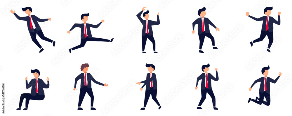 Set of Businessman or office vector characters in various poses. Cartoon young employee businessman character working