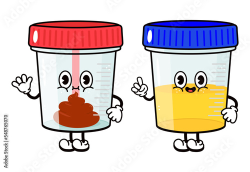Cute funny container for analysis urine feces waving hand character. Vector hand drawn traditional cartoon vintage, retro kawaii character illustration icon. Container for analysis character concept