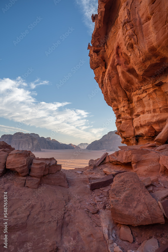 Red mountains of the canyon of Wadi Rum desert in Jordan.