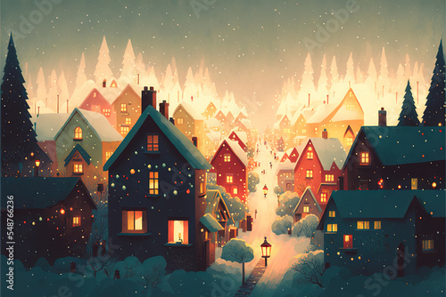 Christmas village town with snow and light in winter season. Winter landscape, wallpaper background, Christmas holiday and 3D illustration.  © Dahina