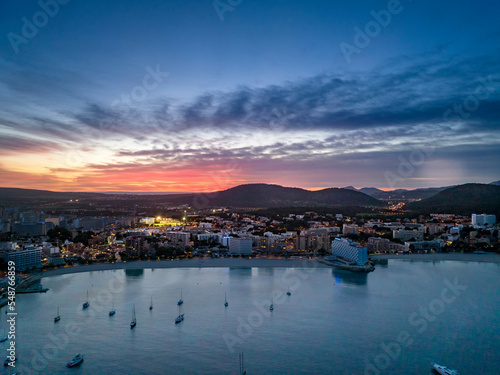 Aerial view, Spain, Balearic Islands, Mallorca, Calvia Region, Nova Santa Ponca at dusk