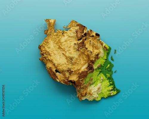 Tanzania map shaded relief isolated on a blue background photo