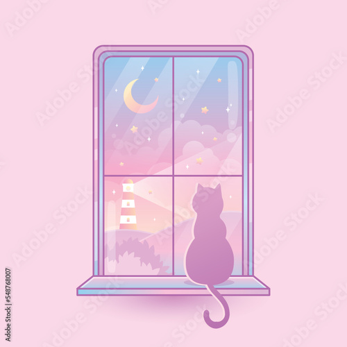 cute cat staring colorful window view