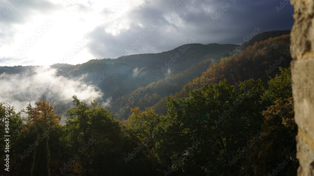 Tuscan Hill Landscape in Autumn on a Cloudy and Rainy Day, Italy