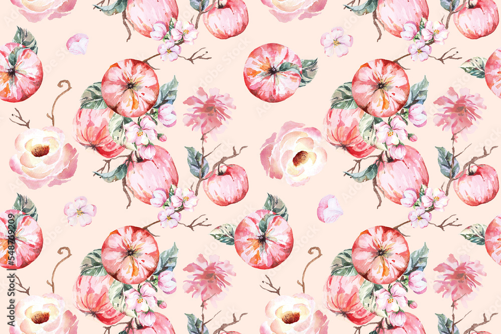 Seamless pattern  apple and flower painted watercolor.Designed for fabric luxurious and wallpaper, vintage style.Hand drawn floral pattern illustration.Fruit pattern background.