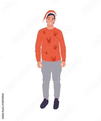 Man in Santa hat and reindeer sweater, walking on winter holiday isolated on white background. A happy person wearing a Christmas costume, preparing for Xmas. Vector illustration 
