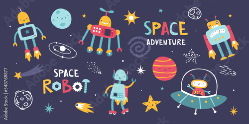 Set of cute robots in the space. Cosmic collection with funny robot astronauts. Sticker bundle for kids.