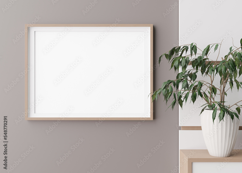 Blank horizontal picture frame hanging on beige wall. Template, mock up for your artwork, picture or poster. Empty, copy space. Close up view. Simple, minimalist mockup. 3D rendering. Blank horizontal picture frame hanging on beige wall. Template, mock up for your artwork, picture or poster. Empty, copy space. Close up view. Simple, minimalist mockup. 3D rendering.