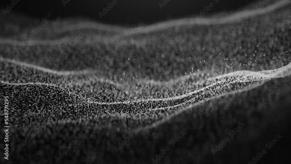 Abstract white color flashing crystal particles glittering sands moving on space background in slow motion, 3d lights wave animation. Futuristic hi-tech digital design animated texture sound vibration