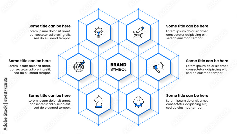 Infographic template. Blue hexagon with 6 steps and lines - obrazy, fototapety, plakaty 