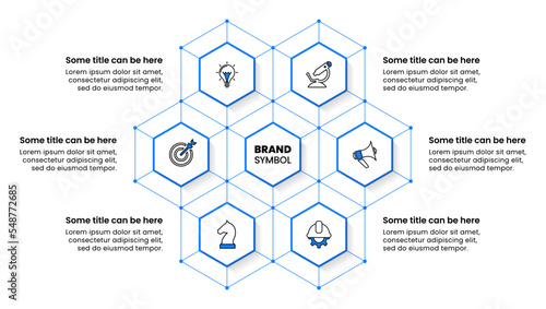 Infographic template. Blue hexagon with 6 steps and lines