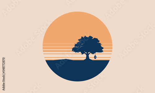 Savanna Tree Landscape Retro Postcard Vector Illustration