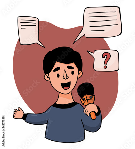 Portrait of man journalist reporting with microphone. live broadcast and online messages. Vector illustration. Conceptual male profession and journalism, work and reporting, media and television.