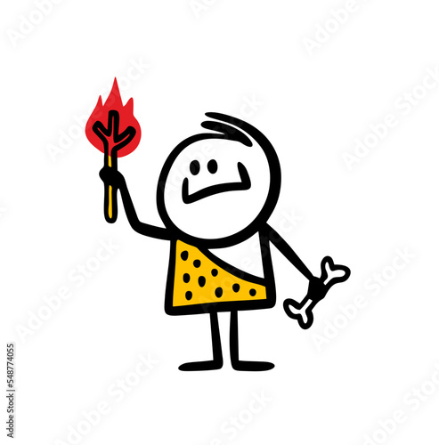 A prehistoric ancient man in animal skin holds a bone and a burning torch in his hands.