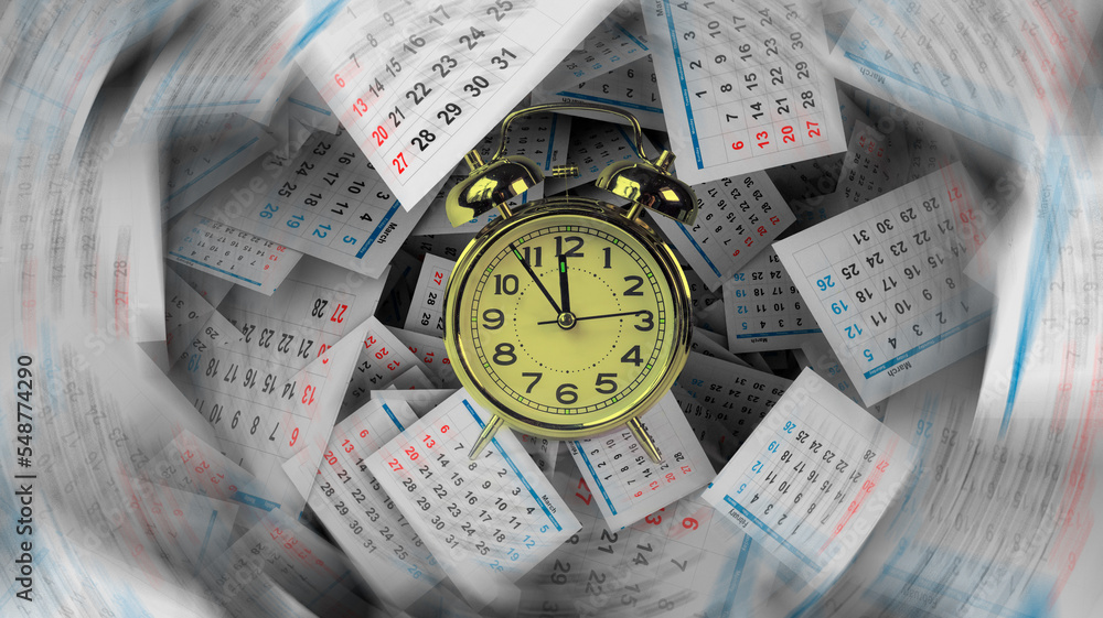 time clock calendar pile pages history events background 3d rendering