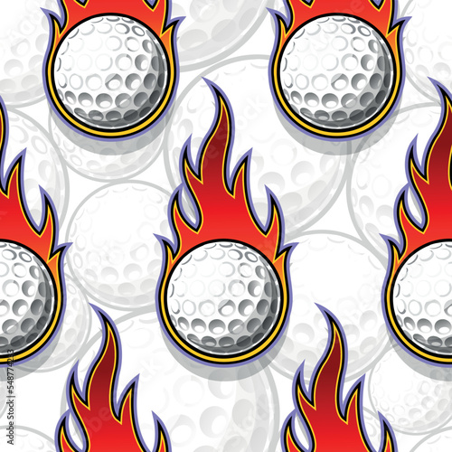 Golf wallpaper design vector image. Repeating tile background of golf balls and fire flame seamless pattern texture.