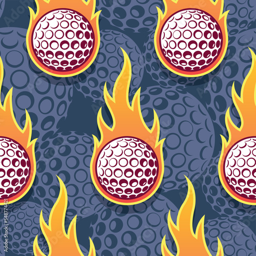 Golf balls in burning fire flame seamless pattern vector art image. Golf balls repeating tile background wallpaper texture.