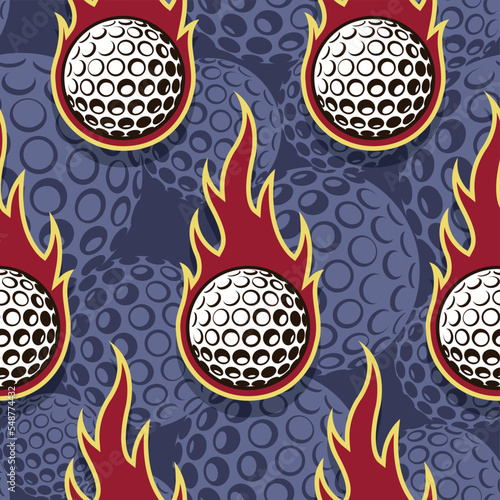 Golf ball in fire repeating background. Golf balls seamless pattern vector image wallpaper and wrapping paper design.