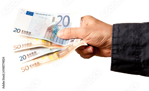 male hand holding Euro banknotes, isolated