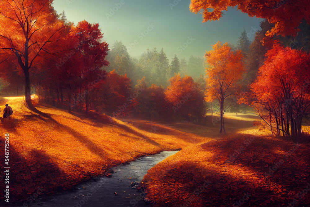 Fototapeta premium Autumn landscape paint