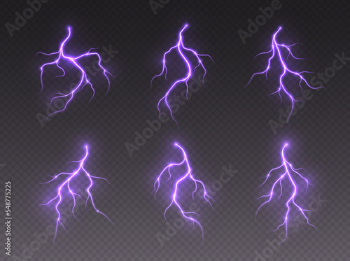 Obraz na płótnie Thunderstorm lightning, thunderbolt strike, realistic electric zipper, energy flash light effect, purple lightning bolt isolated on dark background