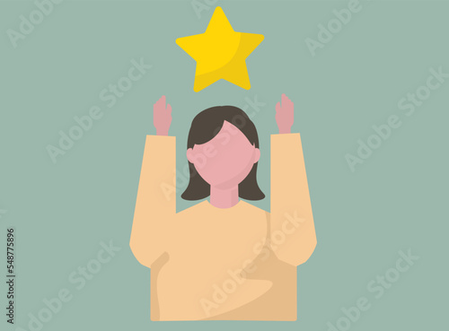 勝利を祝う女性。星を掲げる、ビクトリー、優勝。ベクター素材