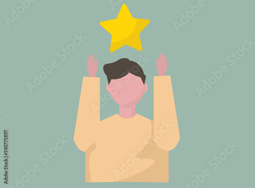 勝利を祝う男性。星を掲げる、ビクトリー、優勝。ベクター素材