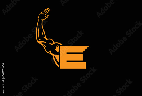 Letter E Logo With muscular open  Back Double Biceps shape. Fitness Gym logo.
