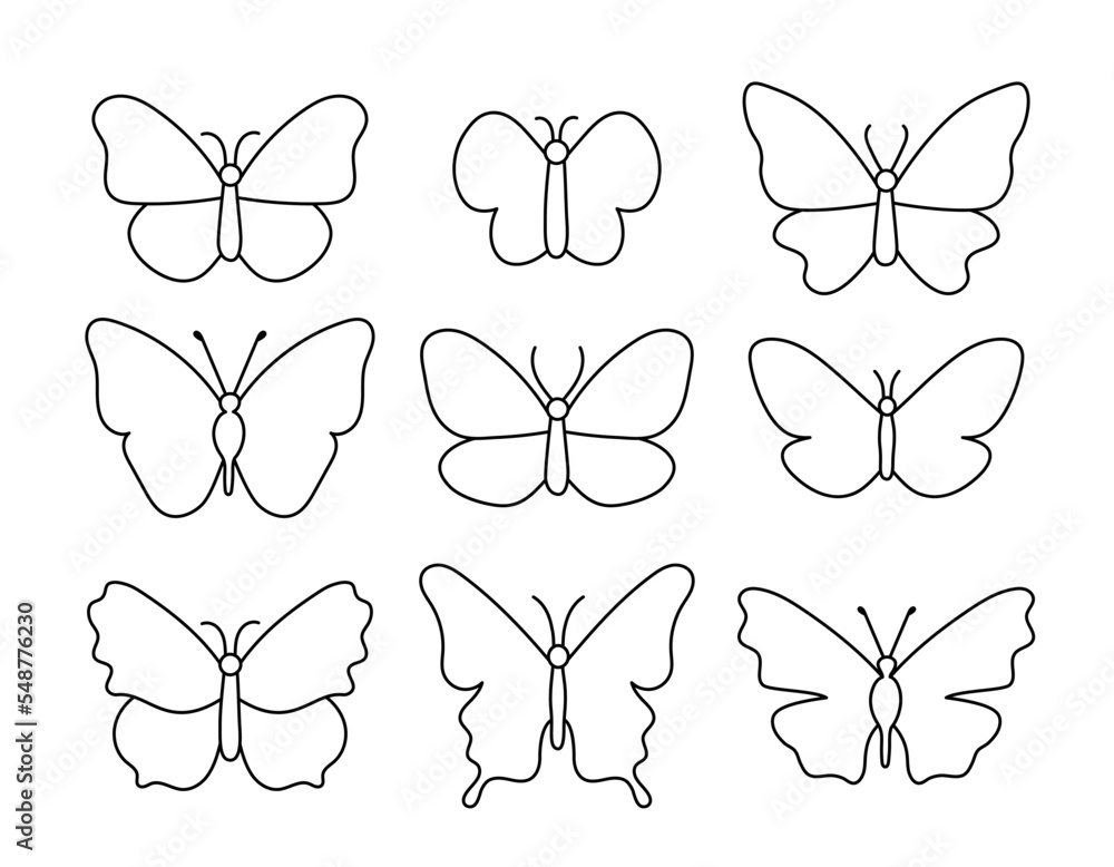 Butterfly outline. Vector set of doodle insects isolated. Black